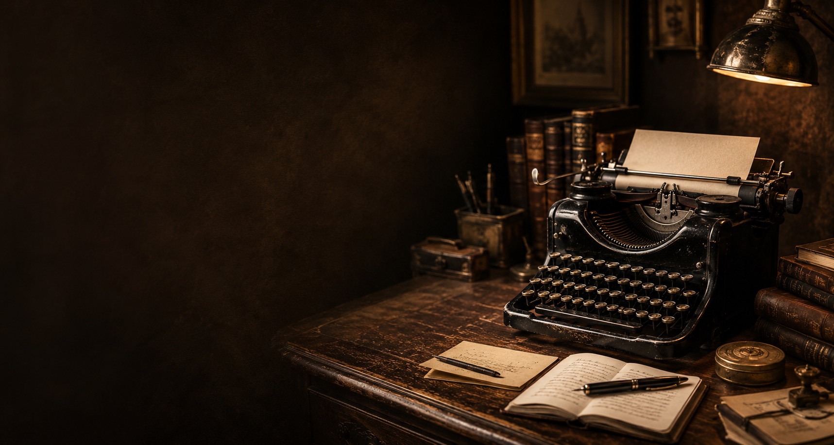 Black antique typewriter on a wooden writing desk under warm lamplight, with leather-bound books and paper