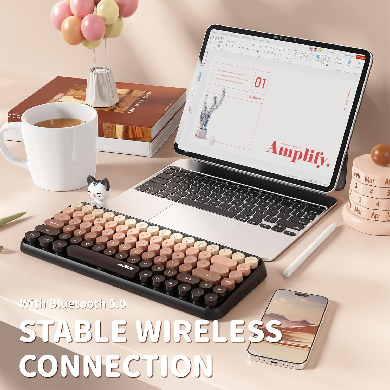 Retro Typewriter Bluetooth Keyboard with Magnetic Cat Figurine