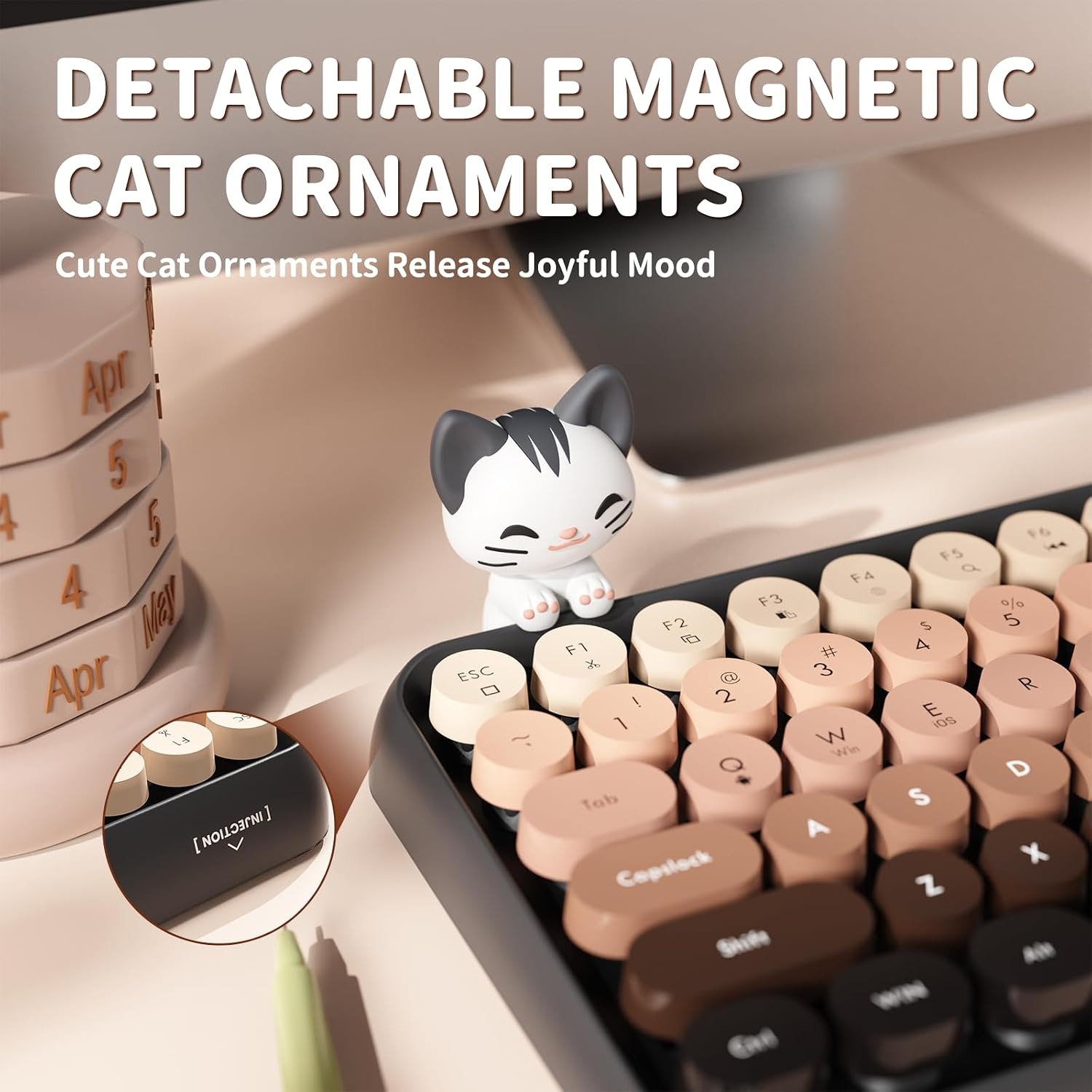 Retro Typewriter Bluetooth Keyboard with Magnetic Cat Figurine